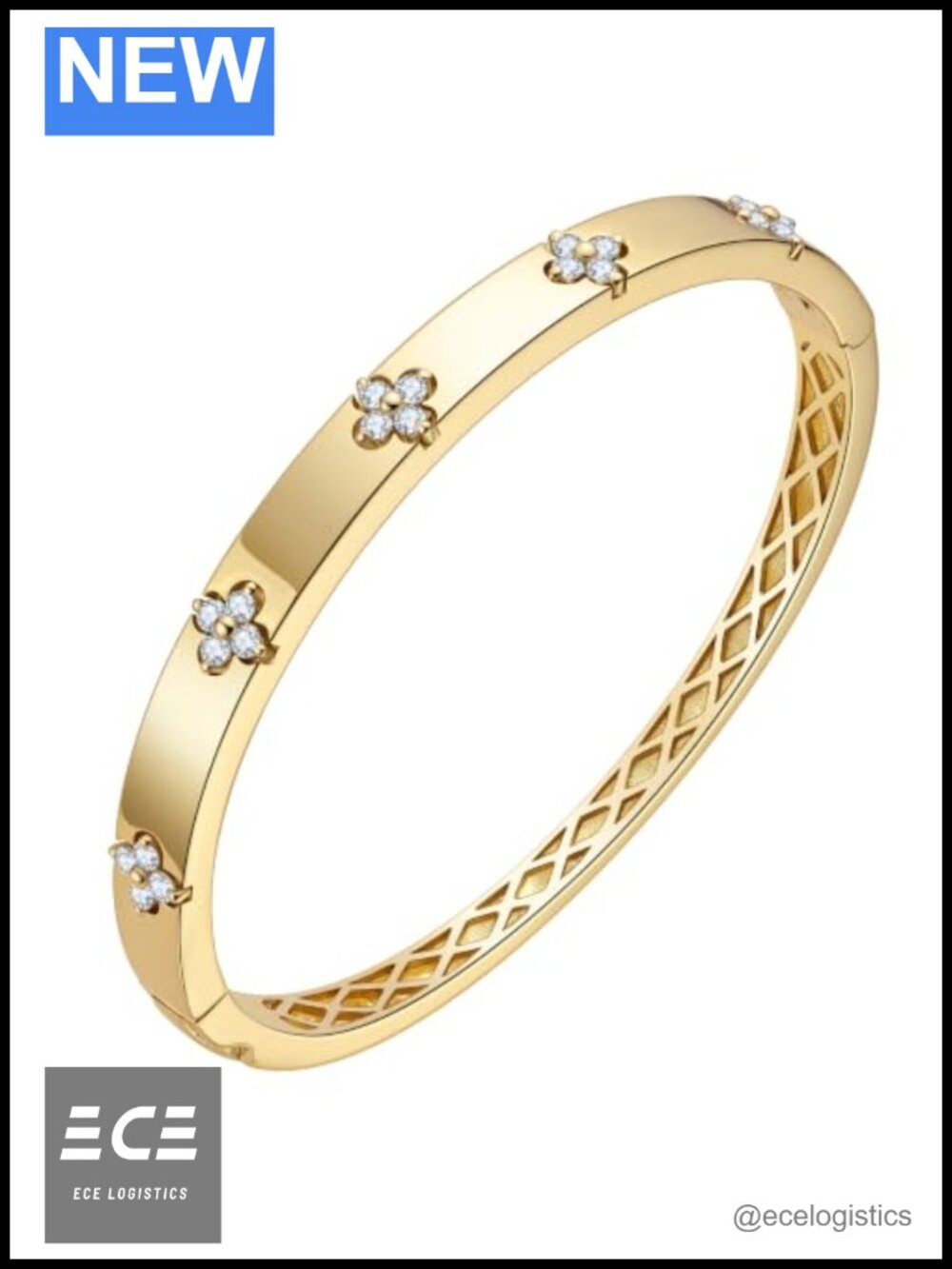14K Gold Plated Cuff Bracelet Women Clover Moissanite Hinged Bangle